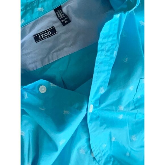 Izod Advantage Button Down Short Sleeve Shirt Turquoise White Turtle Print 2XL - Picture 4 of 8